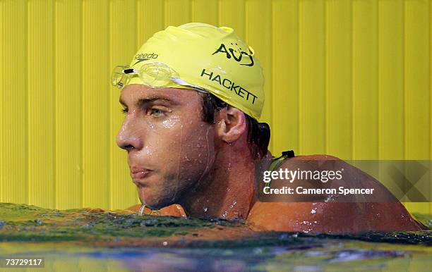 Grant Hackett of Australia looks dejected following the Men's 800m Freestyle Final during the XII FINA World Championships at the Rod Laver Arena on...