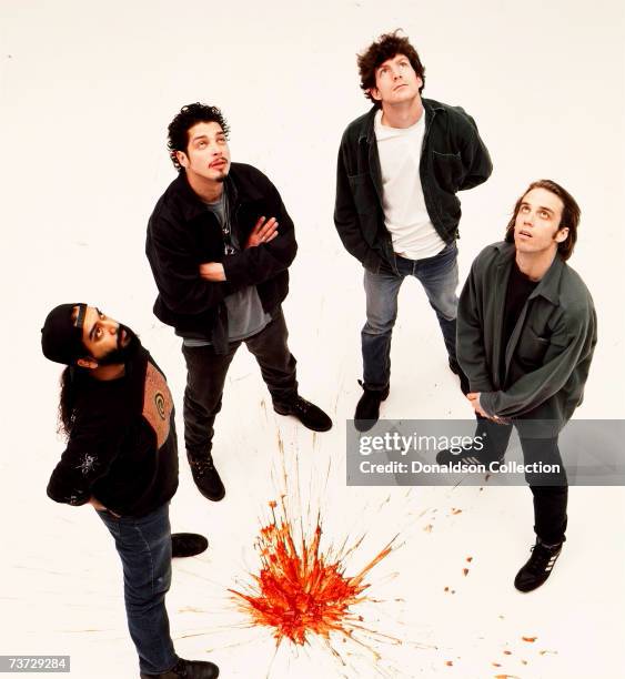 Music band Soundgarden members Chris Cornell, Kim Thayil, Matt Cameron and Ben Shepherd pose during a photo shoot held in 1997 in Seattle, Washington.