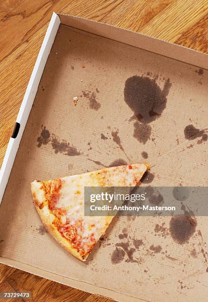 slice of cheese pizza in take-out box - greasy pizza box stock pictures, royalty-free photos & images
