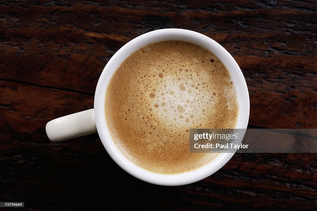 "Espresso coffee on table, overhead view"