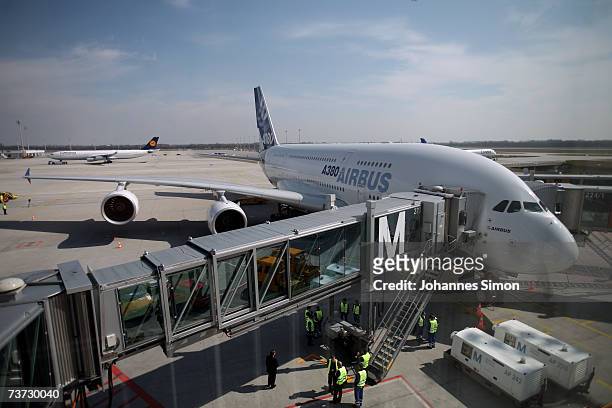 An Airbus A380 stands on the gate after landing for the first time at Franz-Josef-Strauss Airport following a route-proving flight on March 28, 2007...