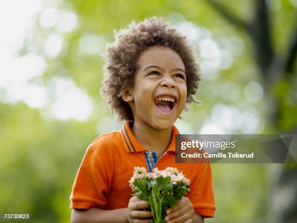 boy (3-5) holding flower, laughing - boys laughing stock pictures, royalty-free photos & images