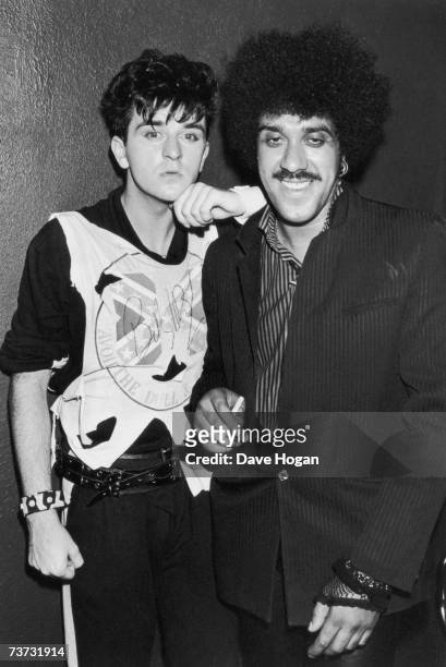 Singer Steve Strange with Thin Lizzy guitarist and songwriter Phil Lynott , 1984.