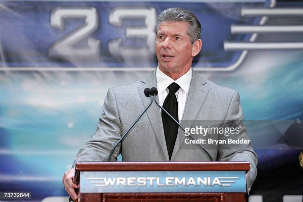 Chairmaan Vince McMahon speaks at the press conference held by Battle of the Billionaires to announce details of Wrestlemania 23 at Trump Tower on...