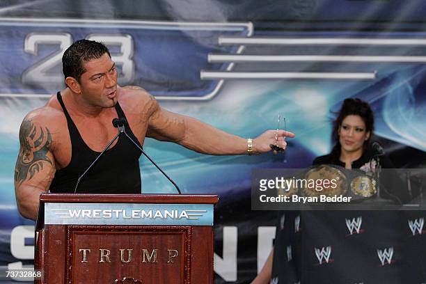 Wrestler Batista speaks at the press conference held by Battle of the Billionaires to announce details of Wrestlemania 23 at Trump Tower on March 28,...