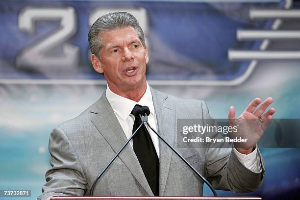 Chairman Vince McMahon speaks at the press conference held by Battle of the Billionaires to announce details of Wrestlemania 23 at Trump Tower on...