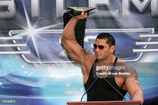 Wrestler Batista speaks at the press conference held by Battle of the Billionaires to announce details of Wrestlemania 23 at Trump Tower on March 28,...