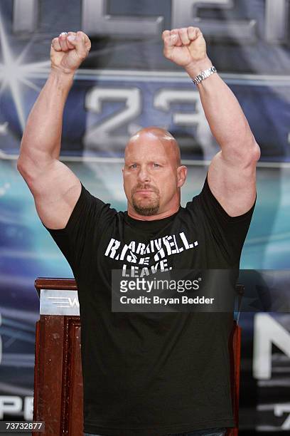 Wrestler Stone Cold Steve Austin attends the press conference held by Battle of the Billionaires to announce the details of Wrestlemania 23 at Trump...