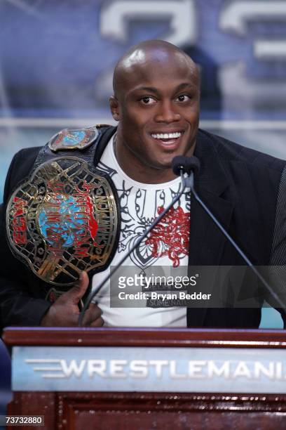 Wrestler Bobby Lashley attends the press conference held by Battle of the Billionaires to announce details of Wrestlemania 23 at Trump Tower on March...