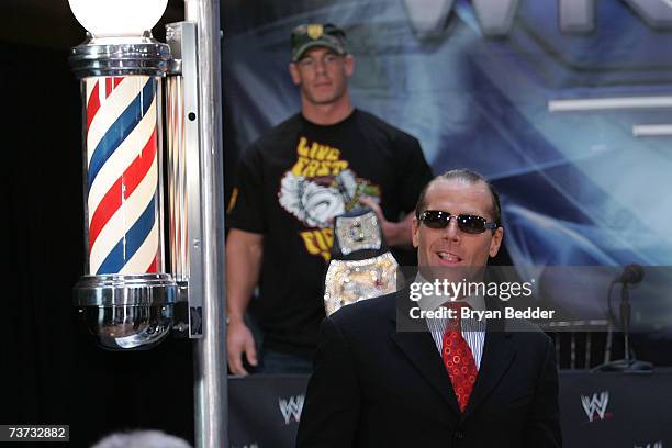 Wrestler Shawn Michaels speaks at the press conference held by Battle of the Billionaires to announce details of Wrestlemania 23 at Trump Tower on...