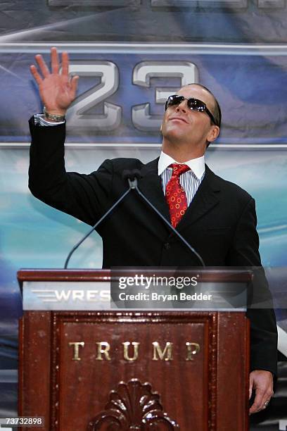 Wrestler Shawn Michaels speaks at the press conference held by Battle of the Billionaires to announce details of Wrestlemania 23 at Trump Tower on...
