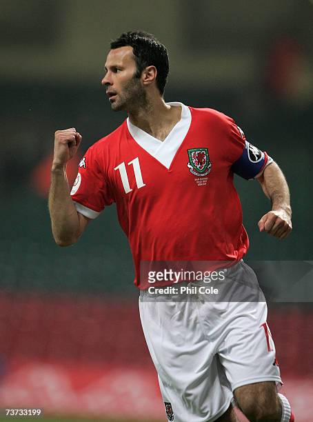 Ryan Giggs of Wales opens the scoring during the UEFA Euro 2008 qualifying match between Wales and San Marino at the Millennium Stadium on March 28,...