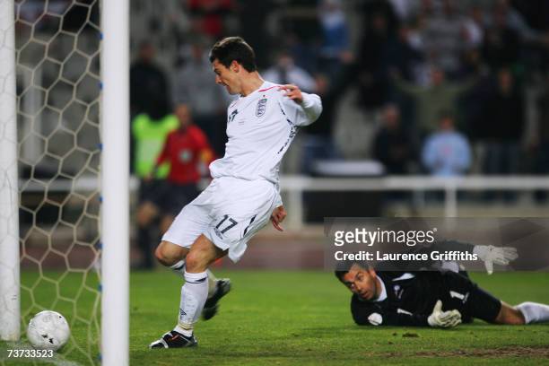 David Nugent of England scores the third goal past J L Alvarez during the Euro 2008 Qualifying Match between Andorra and England at the Olympic...