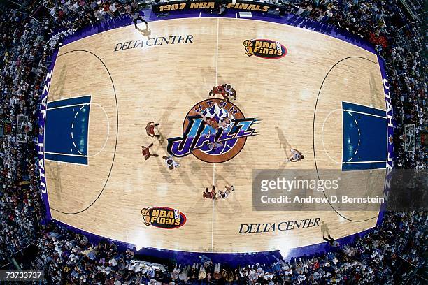 Opening tip off between the Chicago Bulls and the Utah Jazz during Game One of the 1997 NBA Finals at the Delta Center in Salt Lake City, Utah. NOTE...