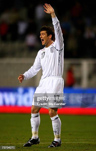 England goalscorer David Nugent shouts during the Euro 2008 Group E Qualifying Match between Andorra and England at the Olympic Stadium on March 28,...