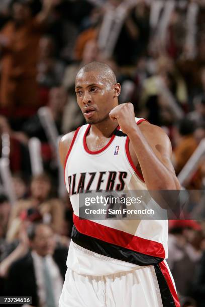 Jamaal Magloire of the Portland Trail Blazers pumps his fist during the game against the Washington Wizards at the Rose Garden on March 20, 2007 in...