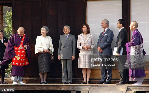 In this handout image released from Saitama Prefectural Office, Japanese Emperor Akihito , Swedish King Carl XVI Gustaf , Japanese Empress Michiko...