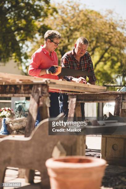 senior woman cutting wooden plank with saw while working with man in yard - autarkie stockfoto's en -beelden