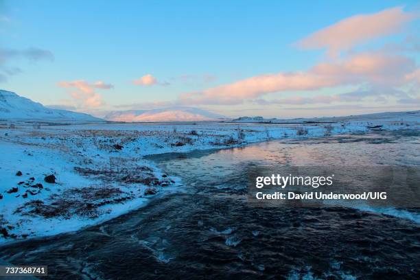 laxa river, esja mountain range, iceland - laxa stock pictures, royalty-free photos & images