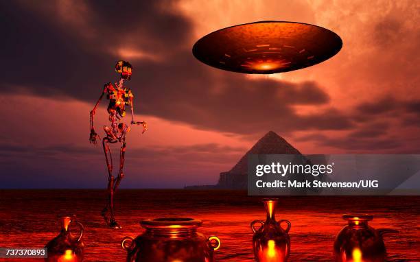 robotic alien archeologist - treasure hunt stock illustrations