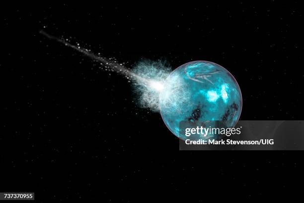 comet hitting alien planet covered in ice. - planet collision stock-grafiken, -clipart, -cartoons und -symbole