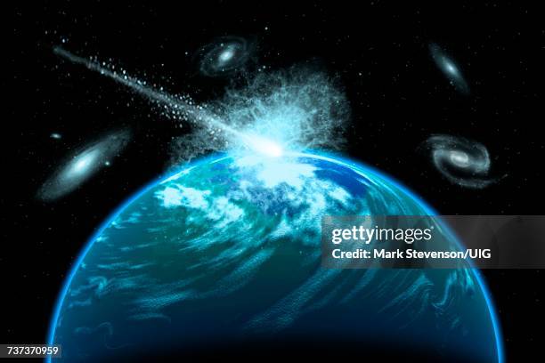 comet hitting distant alien planet. - apocalypse stock illustrations