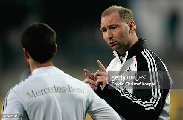 Head coach Dieter Eilts of Germany issues instructions to a player during the Under 21 international friendly between Germany and Czech Republic at...