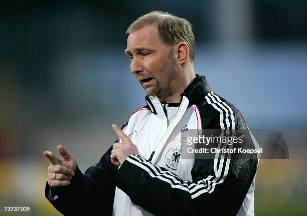 Head coach Dieter Eilts of Germany issues instructions during the Under 21 international friendly between Germany and Czech Republic at the...