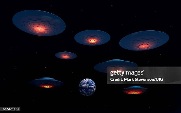 fleet of ufos heading towards the earth . - grey aliens stock illustrations