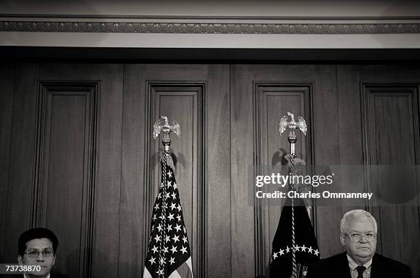 Attorney General Alberto Gonzales and House Speaker Dennis Hastert watch U.S. President George W. Bush signs the Bankruptcy Abuse Prevention and...