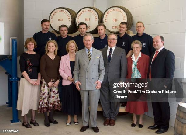 Prince Charles, Prince of Wales meets the Nelstrop family and distillery workers during a visit to the English Whisky Company, the first whiskey...
