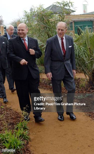 Prince Philip, Duke of Edinburgh is joined by Zoological Society's project manager, Robin Fitzgerald at the official opening of the Gorilla Kingdom,...