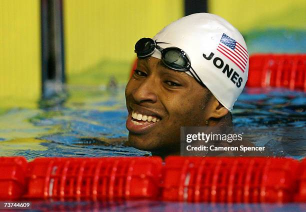 Cullen Jones of the United States of America reacts following his heat in the Men's 50m Freestyle during the XII FINA World Championships at the Rod...