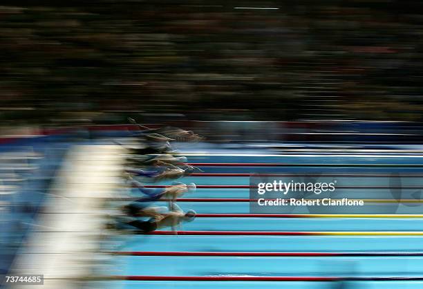General view as competitors start in the Men's 50m Freestyle Heat during the XII FINA World Championships at the Rod Laver Arena on March 30, 2007 in...