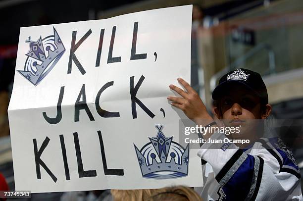 Los Angeles Kings fan shows her support for Kings player Jack Johnson during warmups before the game against the Vancouver Canucks on March 29, 2007...