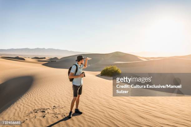 man with binoculars, mesquite flat sand dunes, death valley national park, furnace creek, california, usa - mesquite flat dunes stock pictures, royalty-free photos & images