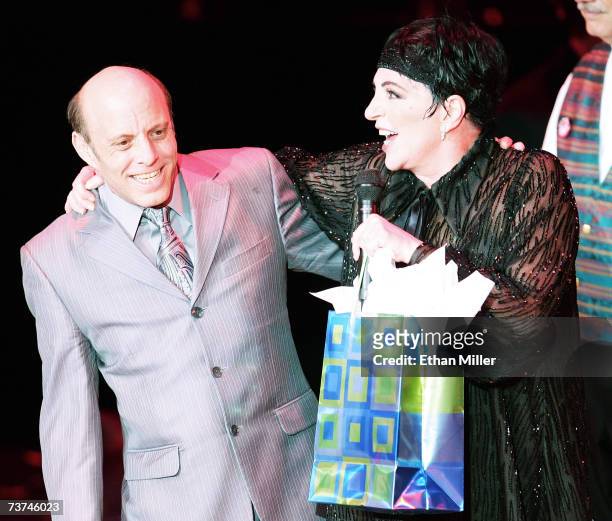 Joey Luft celebrates with his half-sister, entertainer Liza Minnelli, after she performed the first concert of her three-night run at the Luxor...
