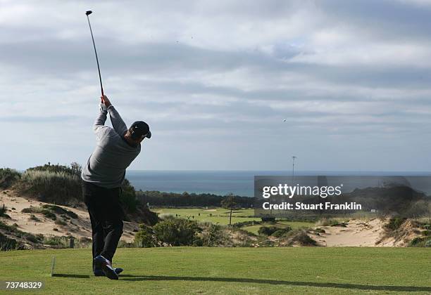 Barry Lane of England plays his tee shot on the 11th hole during the second round of The Estoril Open de Portugal at The Quinta da Marinha Golf...