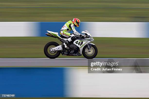 Roberto Rolfo of Italy and Hanspree Ten Kate Honda in action during practice for the World Superbikes Championships European Grand Prix at Donnington...