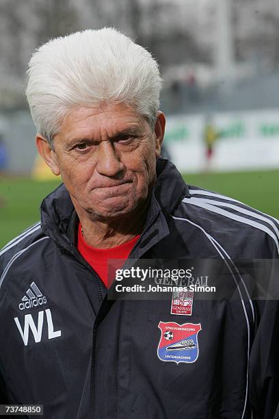 Werner Lorant, headcoach of Unterhaching looks on during the Second Bundesliga match between Wacker Burghausen and SpVgg Unterhaching at the...
