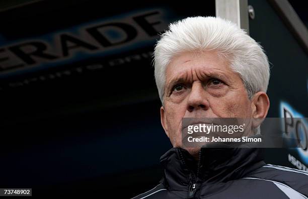 Werner Lorant, headcoach of Unterhaching looks on prior to the Second Bundesliga match between Wacker Burghausen and SpVgg Unterhaching at the...