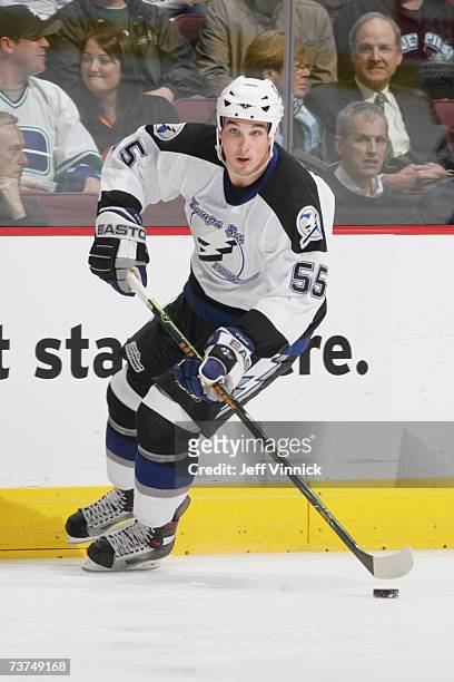 Shane O'Brien of the Tampa Bay Lightning skates with the puck against the Vancouver Canucks during their NHL game on March 6, 2007 at General Motors...