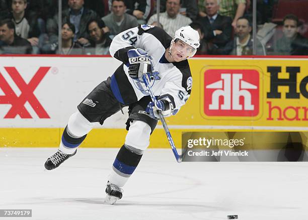 Paul Ranger of the Tampa Bay Lightning makes a pass against the Vancouver Canucks during their NHL game on March 6, 2007 at General Motors Place in...