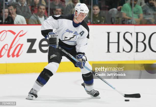 Vincent Lecavalier of the Tampa Bay Lightning plays the puck against the Vancouver Canucks during their NHL game on March 6, 2007 at General Motors...