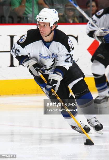 Martin St. Louis of the Tampa Bay Lightning skates with the puck against the Vancouver Canucks during their NHL game on March 6, 2007 at General...
