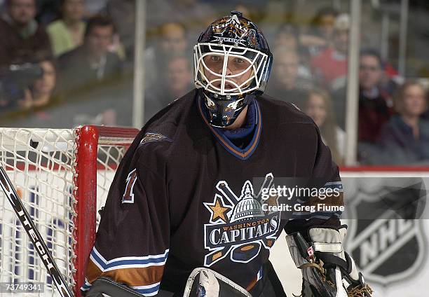 Goaltender Brent Johnson of the Washington Capitals defends his net against the Carolina Hurricanes at the Verizon Center March 9, 2007 in...