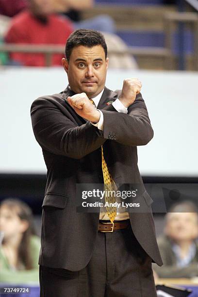 Head coach Sean Miller of the Xavier Musketeers motions to his team during their game against the Ohio State Buckeyes in round two of the NCAA Men's...