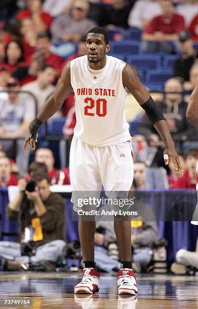 Greg Oden of the Ohio State Buckeyes guards against the Xavier Musketeers during round two of the NCAA Men's Basketball Tournament at Rupp Arena on...