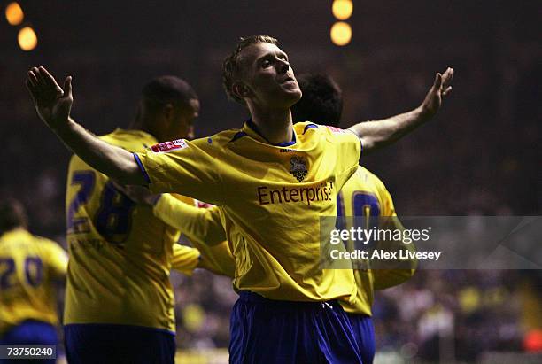 Brett Ormerod of Preston North End celebrates after scoring the opening goal during the Coca-Cola Championship match between Leeds United and Preston...