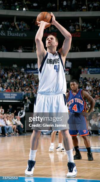 Dirk Nowitzki of the Dallas Mavericks shoots a free throw against the New York Knicks on March 30, 2007 at the American Airlines Center in Dallas,...